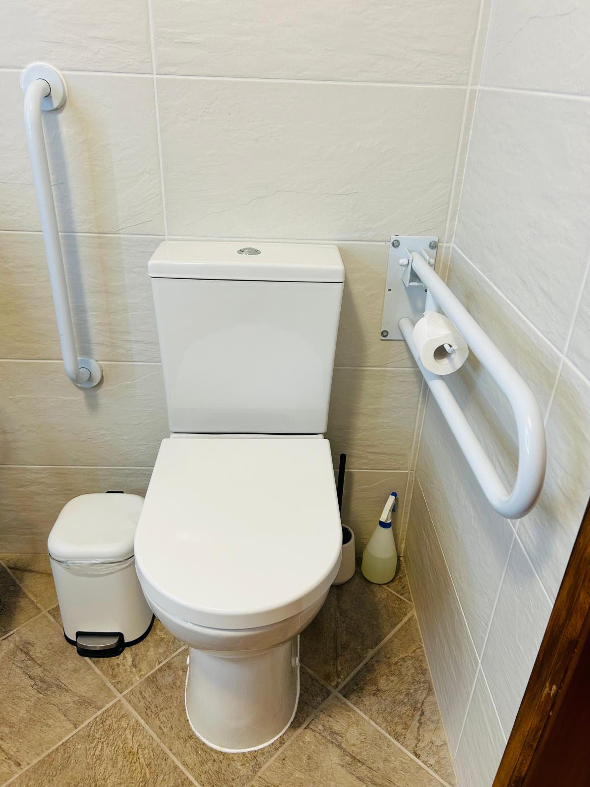 Accessible toilet in the Sun-Kissed Suite with vertical grab bar and fold-down rail